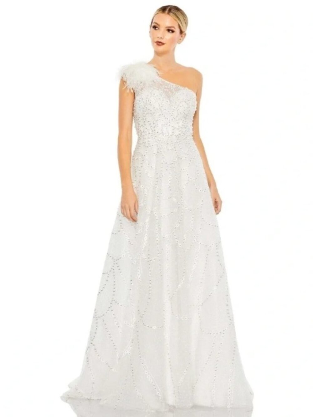 Mac Duggal One-Shoulder Lace Feather Evening Gown White 14 NWT